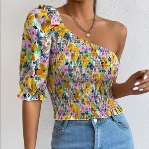 Floral Print One-Shoulder Blouse
